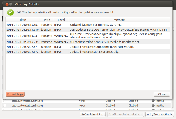 Figure 10: The logs dialog allows you to look at what's going on behind the scenes.